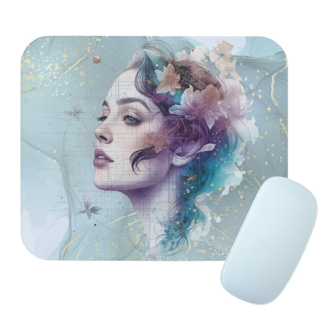 משטח לעכבר איכותי עם הדפסה חדה של דמות נשית עדינה, בסיס מונע החלקה למראה שולחן עבודה מעוצב ואמנותי. משטח לעכבר איכותי עם הדפסה חדה של דמות נשית עדינה, בסיס מונע החלקה למראה שולחן עבודה מעוצב ואמנותי.
