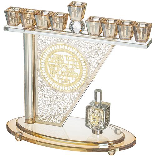 חנוכייה קריסטל מהודרת עם פלקטה ואבנים 27*28 ס"מ