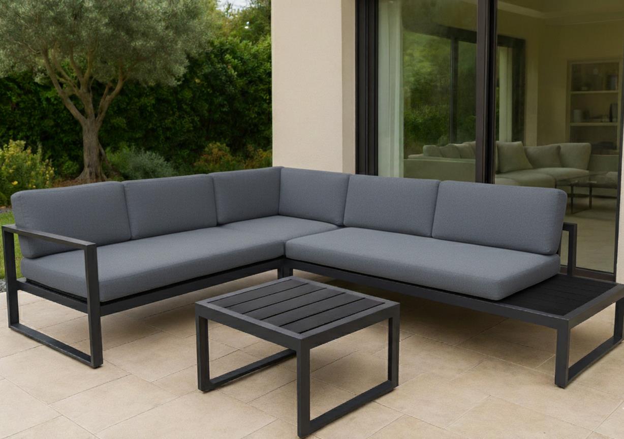 מערכת ישיבה לגינה ולמרפסת אלומיניום פינתי דגם ליאון צבע שחור