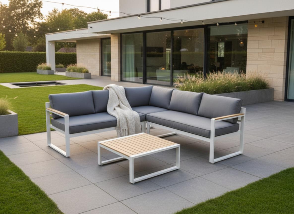 מערכת ישיבה לגינה ולמרפסת אלומיניום פינתי דגם מיאמי צבע לבן