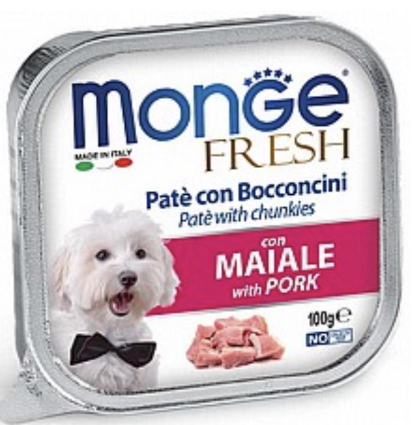 MONGE מונג - מזון רטוב (מעדן) לכלב בטעם נתחי חזיר  רכיבים: בשר טרי 80% (מתוכם חזיר 10%), מינרלים, ויטמינים