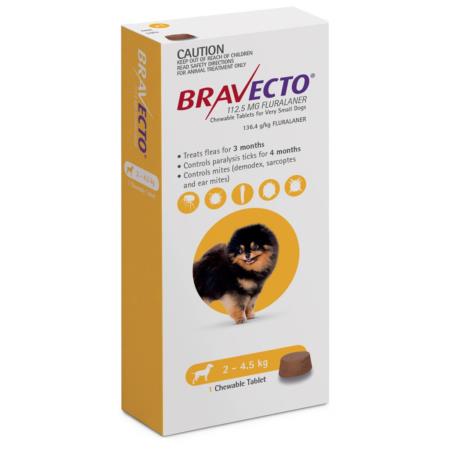 ברבקטו טבליה לטיפול בפרעושים וקרציות 112.5 מג לכלב קטן 2-4.5 קג Bravecto שופיפט