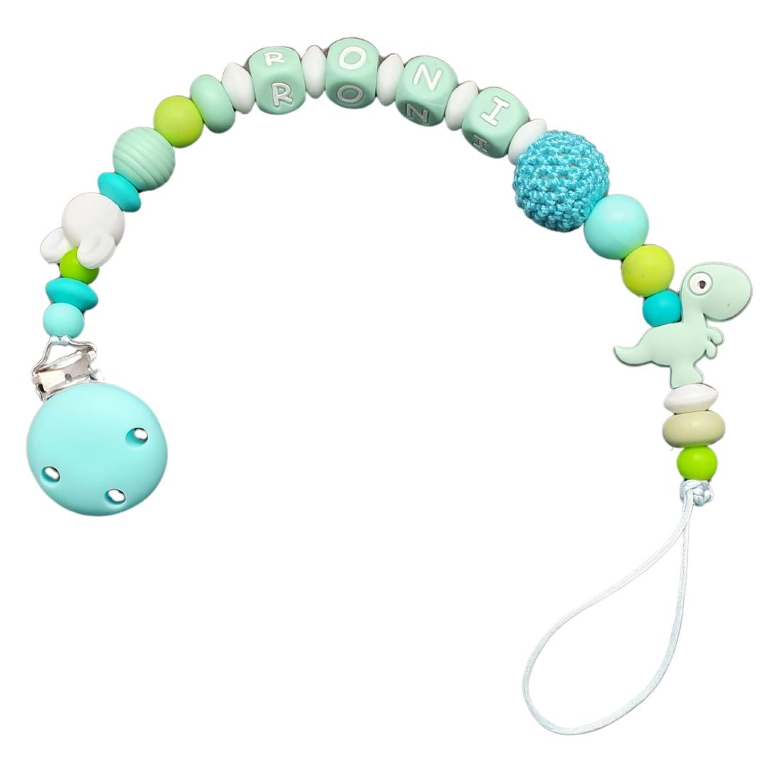 מחזיק מוצץ מנטה טורקיז עם שם, נשכן סיליקון מעוצב, תופסן דינוזאור בעבודת יד, מתנה ליולדת, אקססורי לעגלה, גיתוש.