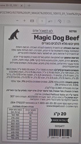 מג׳יק ביף לכלב 20 קג Magic