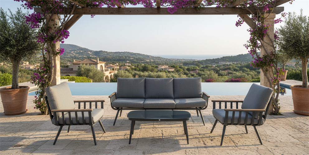 מערכת ישיבה אלומיניום לגינה ולמרפסת דגם פלרמו תלת מושבי צבע פחם