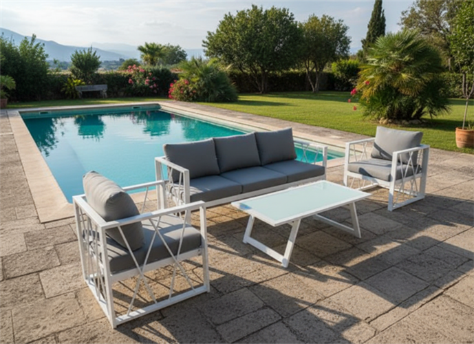 מערכת ישיבה אלומיניום לגינה ולמרפסת דגם ולנסיה תלת לבן