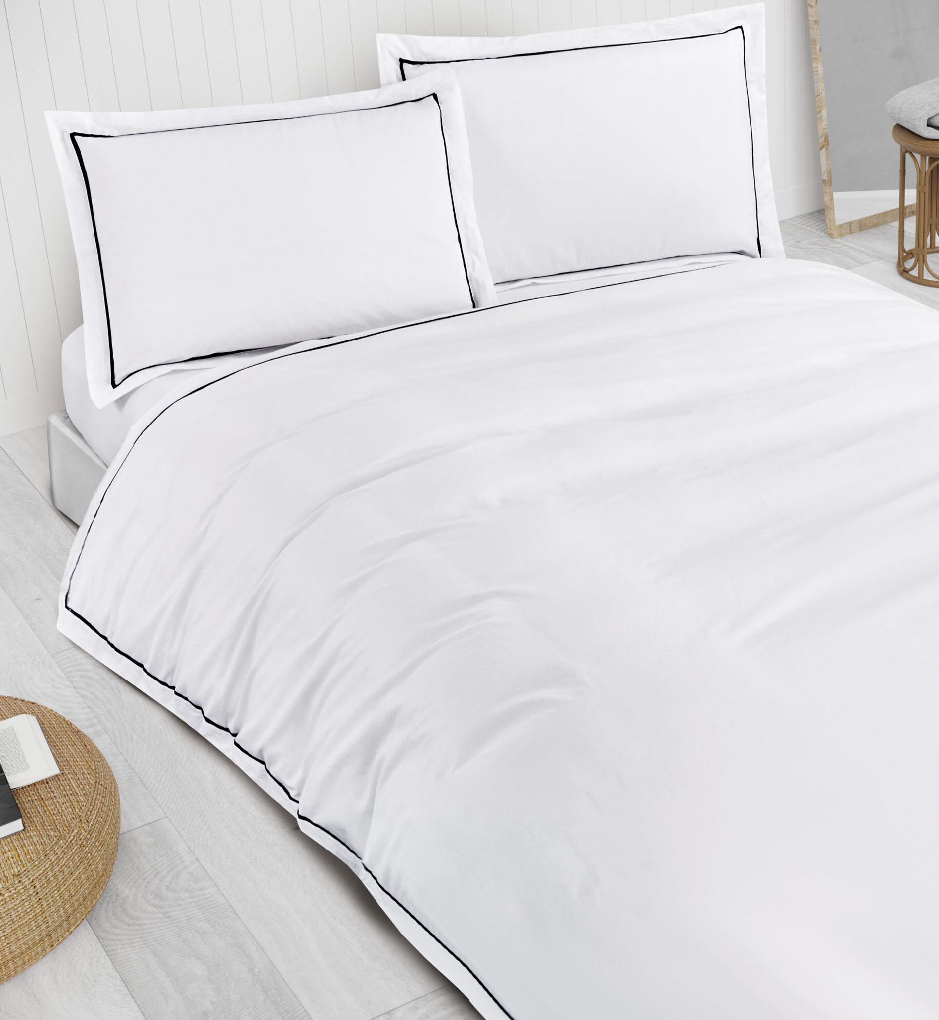 סט מצעים 100% כותנה דגם מרינה - לבן תפר שחור | זוגי במלאי