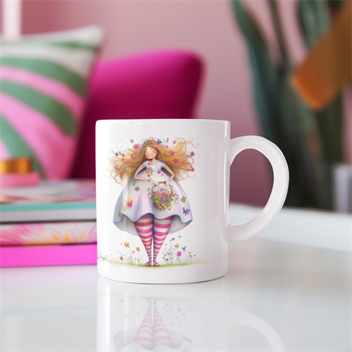 ספל בעיצוב אישי "כל יום אני קמה מהממת" על שולחן עבודה לבן לצד ספרים, מתנה מעצימה ומעוצבת לאישה.