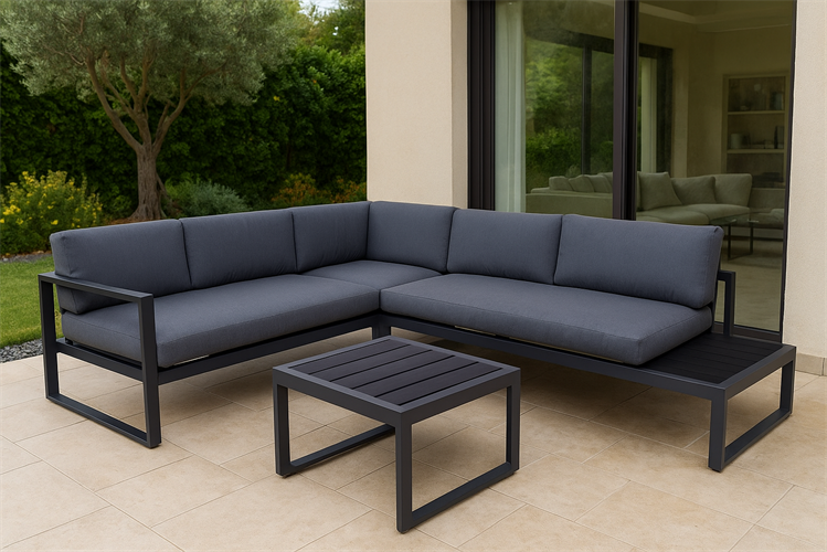 מערכת ישיבה לגינה ולמרפסת אלומיניום פינתי דגם ליאון צבע שחור