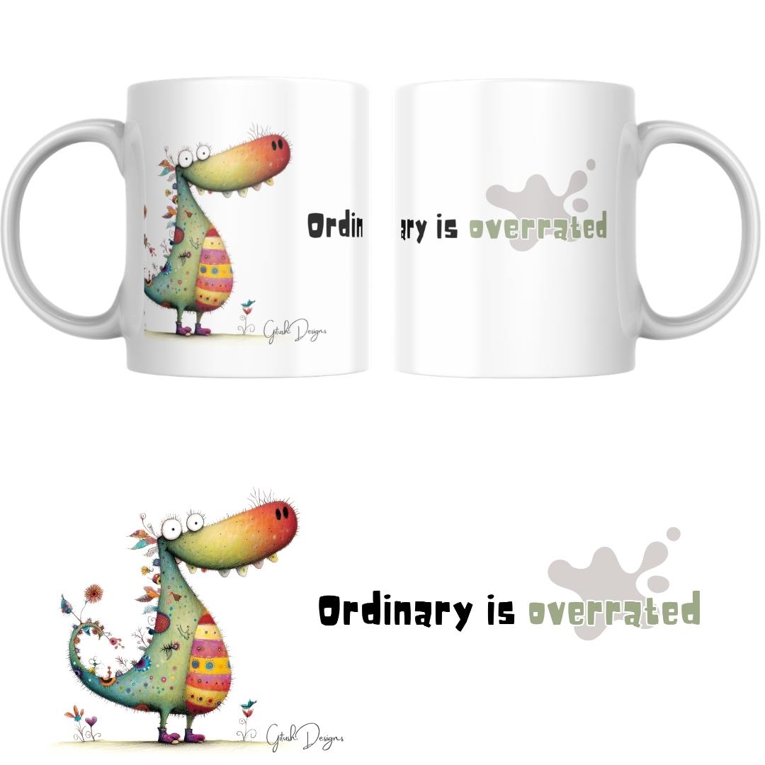 ספל מודפס עם דינוזאור צבעוני וטקסט באנגלית מודגש