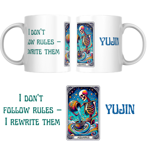 ספל מזל דלי בעיצוב גולגולת אומנותית עם זרימה צבעונית וכיתוב באנגלית