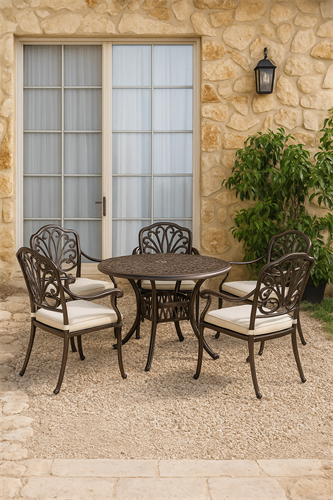 שולחן עגול לגינה ולמרפסת + 4 כסאות אלומיניום יצוק צבע ברונזה