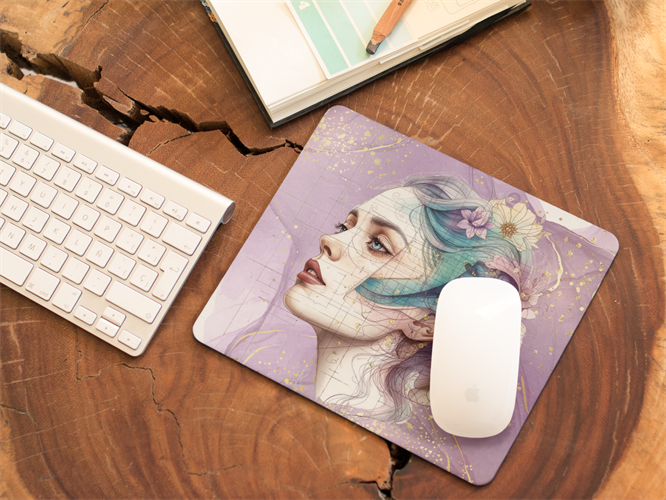 משטח לעכבר איכותי עם הדפסה חדה של דמות נשית עדינה ודינמית, בסיס מונע החלקה למראה שולחן עבודה מעוצב. משטח לעכבר איכותי עם הדפסה חדה של דמות נשית עדינה ודינמית, בסיס מונע החלקה למראה שולחן עבודה מעוצב.