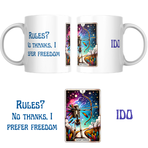 ספל קשת עם איור שלד וקשת חץ בצבעים חזקים