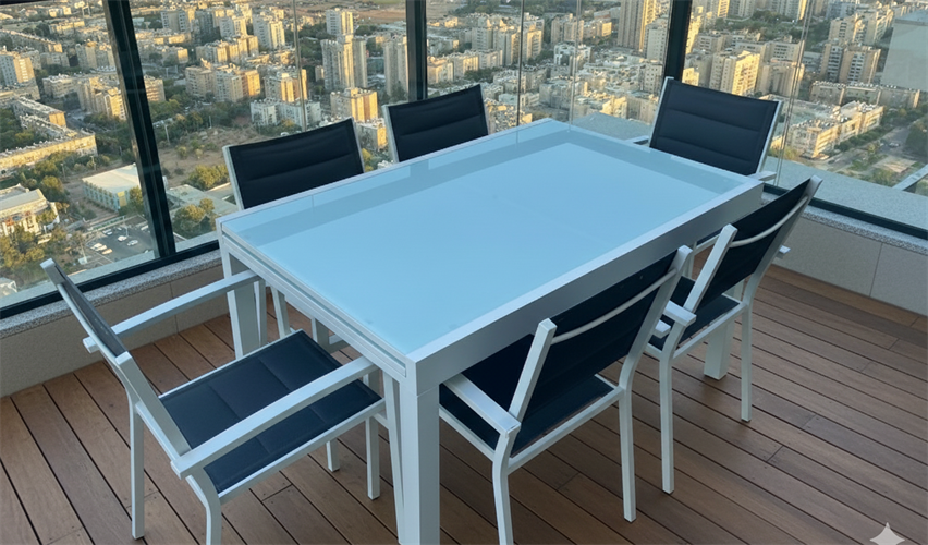 שולחן לגינה ולמרפסת נפתח אלומיניום טופ זכוכית 1.40-2.80 + 4 כסאות צבע לבן