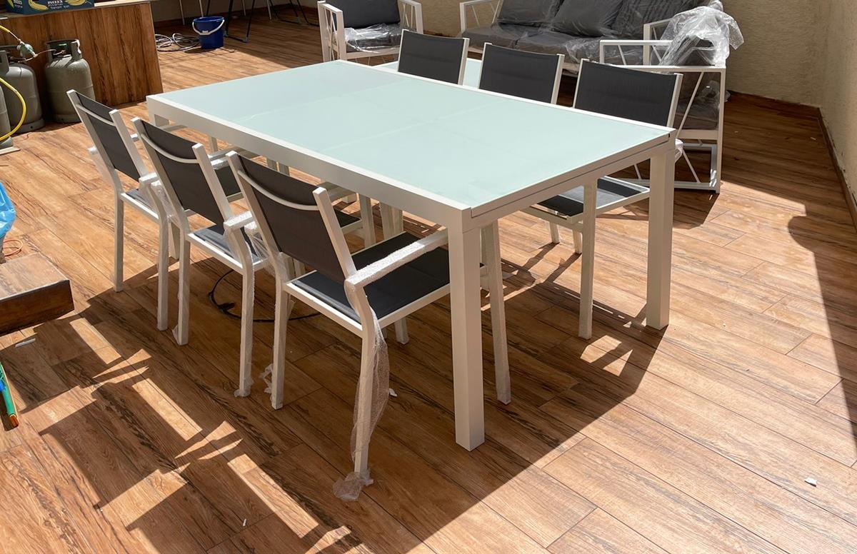 שולחן לגינה ולמרפסת נפתח אלומיניום טופ זכוכית 200-3.20 + 8 כסאות צבע לבן