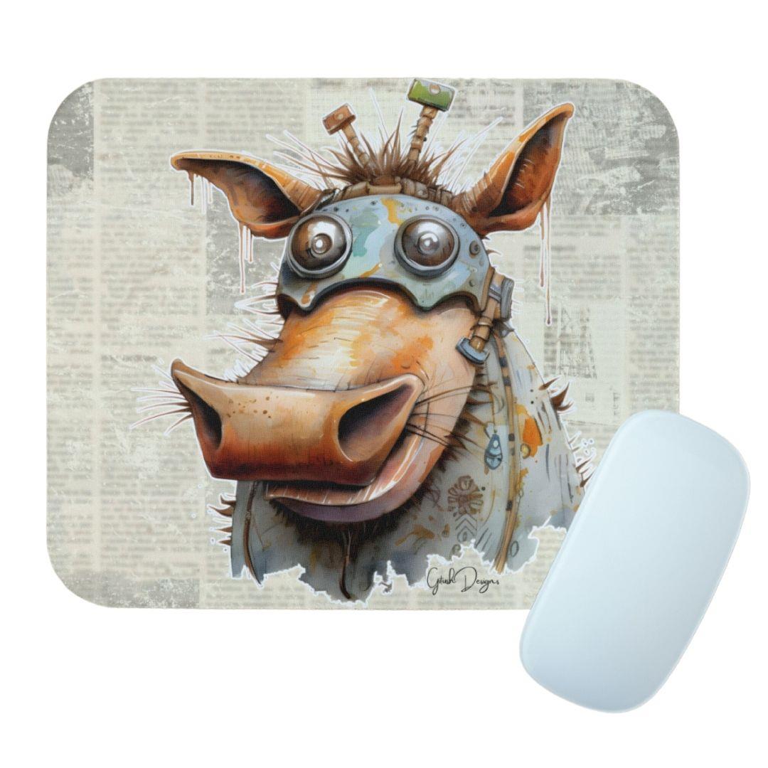 עכבר אלחוטי מונח על פד מאויר עם דמות חזיר בר בסגנון תעשייתי, המדגיש את הטקסטורה העשירה והעיצוב הייחודי.