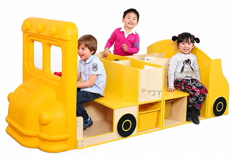 ספריית ג'אמבו דגם אוטובוס + פינות ישיבה + כוורות אחסון