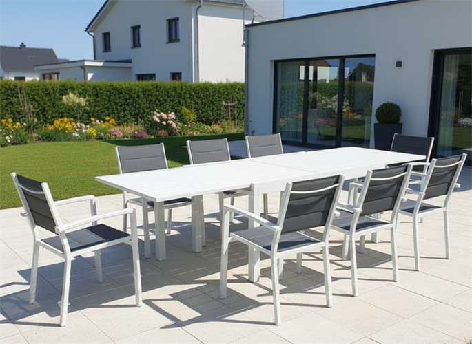 שולחן לגינה ולמרפסת נפתח אלומיניום טופ אלומיניום 200-320 + 6 כסאות צבע לבן