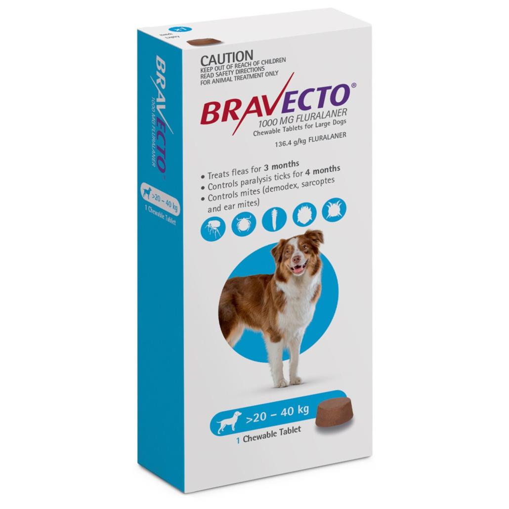 ברבקטו טבליה לטיפול בפרעושים וקרציות 1000 מג לכלב 20-40 קג Bravecto שופיפט