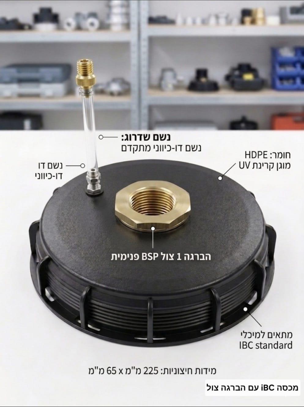 פקק הברגה למיכל ליטר IBC 1000 הברגה 1 צול BSP במרכז עם נשם אוויר דו כיווני קמפינג לייף
