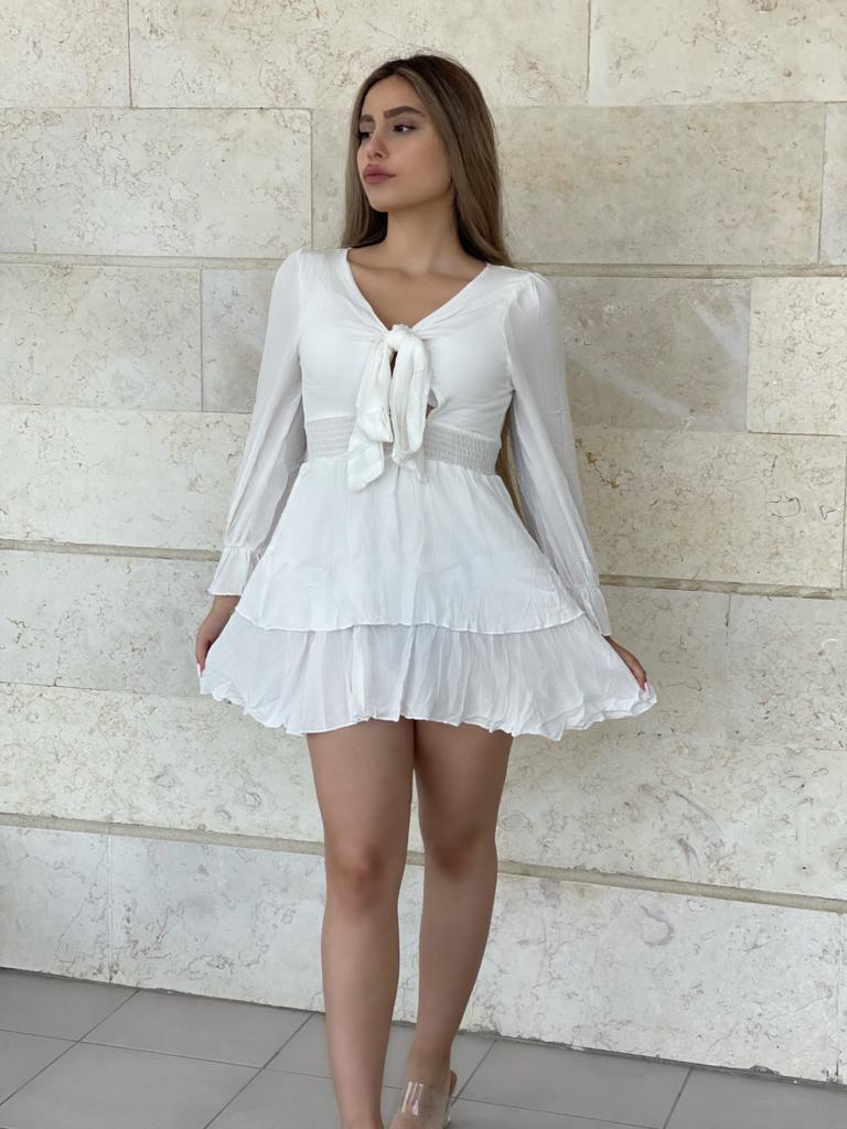 שמלת מיני קשירה באמצע לבן