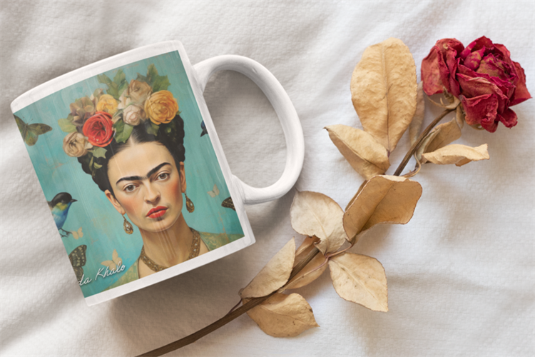 ספל פרידה קאלו לבן עם הדפסה איכותית, איור אומנותי ססגוני ומשפט Viva La Vida שמכניס סטייל ואופי לקפה ספל פרידה קאלו לבן עם הדפסה איכותית, איור אומנותי ססגוני ומשפט Viva La Vida שמכניס סטייל ואופי לקפה