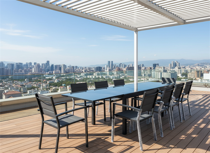 שולחן לגינה ולמרפסת נפתח אלומיניום טופ זכוכית 1.40-2.80 + 4 כסאות צבע אפור