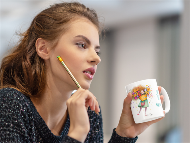 בחורה צעירה מחזיקה ספל מעוצב עם איור פרחים בזמן מחשבה, מתנה מעוררת השראה להתחלות חדשות