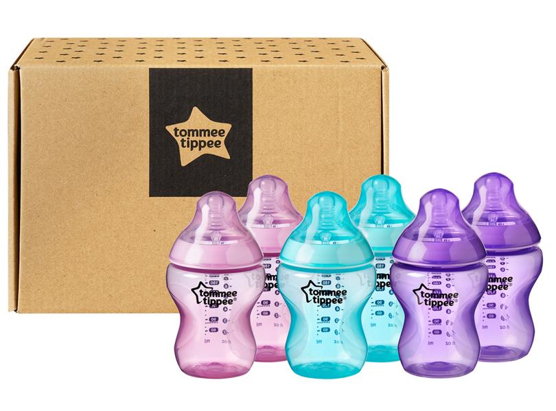 סט 6 בקבוקי טומי טיפי מהודרים שקופים 260 מ"ל ורוד/סגול/תכלת במהדורה מיוחדת