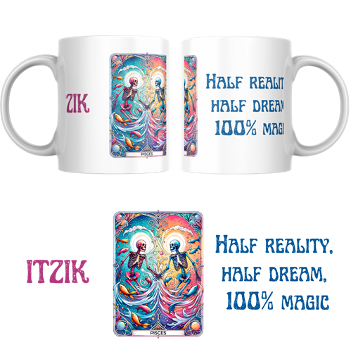 ספל מזל דגים בעיצוב גולגולות אסטרולוגיות עם צבעים זורמים ואווירה קסומה