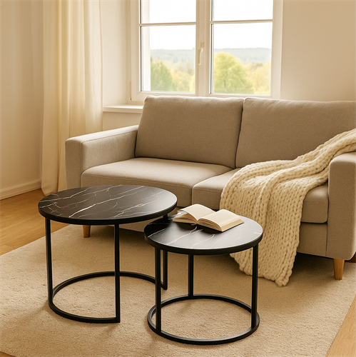 זוג שולחנות לסלון עגולים דגם רויאל דמוי שיש שחור