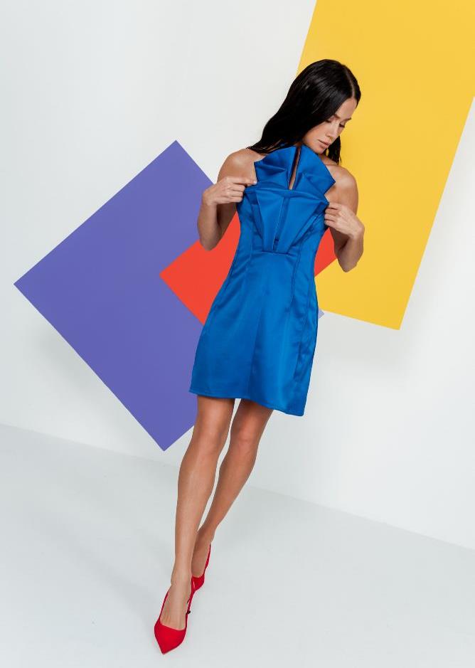 Blue origami mini dress-שמלת מיני קיפולי אוריגמי  וריבוי מתפרים-כחול רויאל