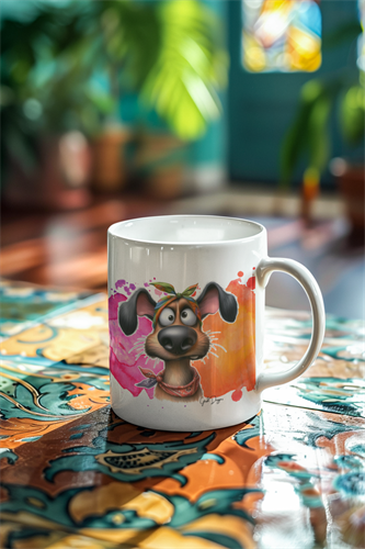 ספל עם עיצוב כלבלב וכיתוב הומוריסטי מי אוהב אותך יותר ממני