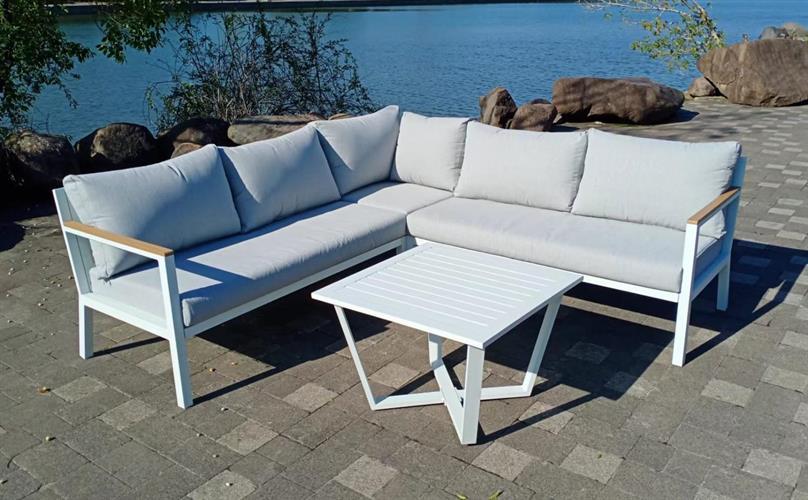 מערכת ישיבה לגינה ולמרפסת אלומיניום פינתי דגם ליסבון צבע לבן