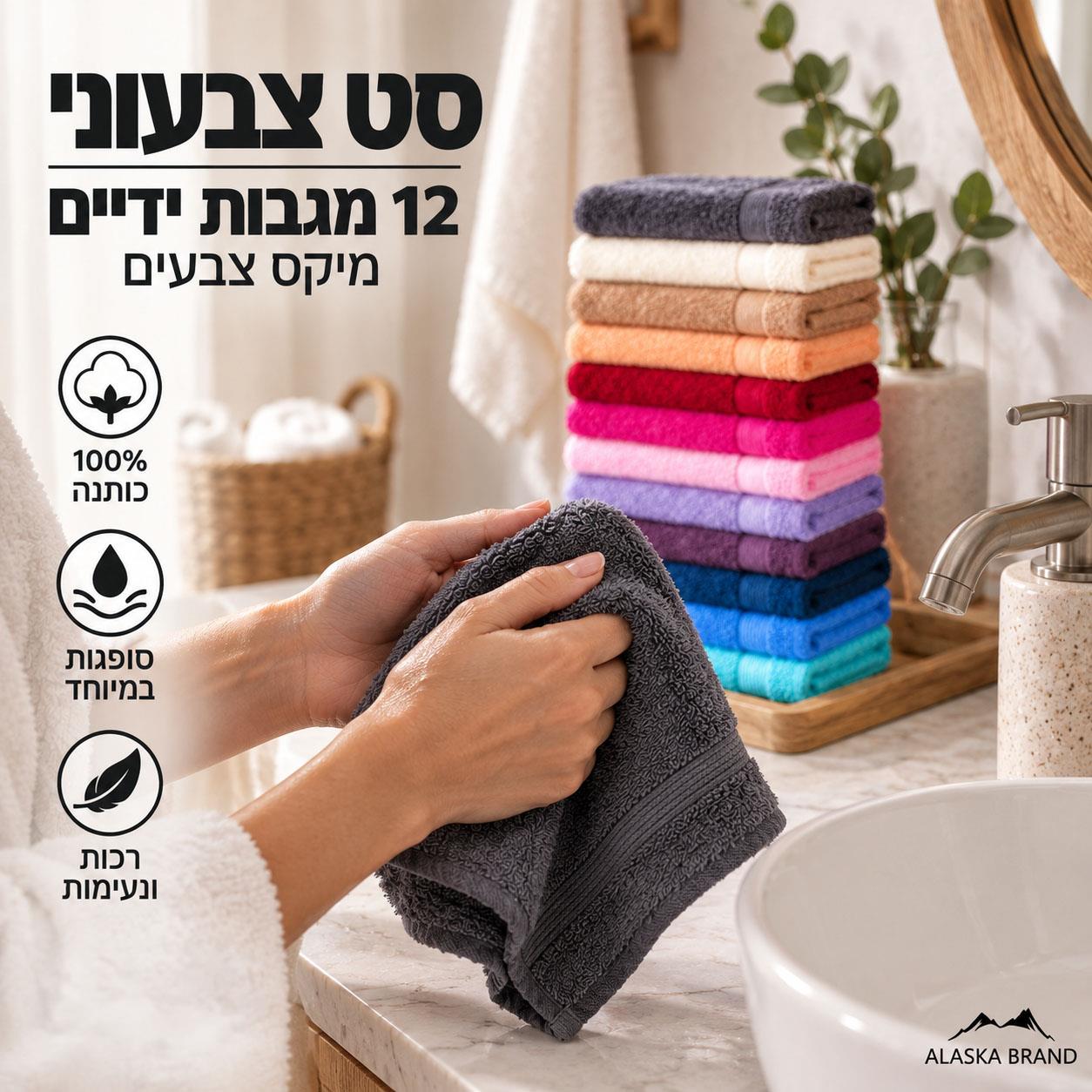 12 מגבות ידיים בחיסול 30X30 / 30X50 | מיקס צבעים *חיסול*