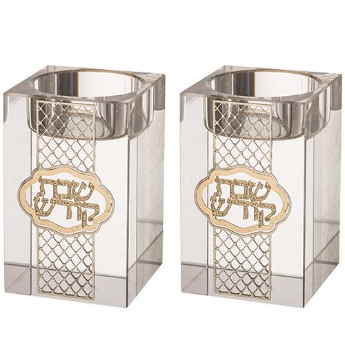 זוג פמוטי קריסטל מרובע עם פלקטה "עיטור" 8 ס"מ