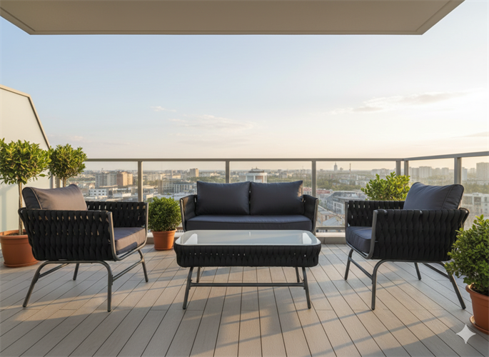 מערכת ישיבה אלומיניום לגינה ולמרפסת בשילוב חבלים דגם דובאי צבע שחור