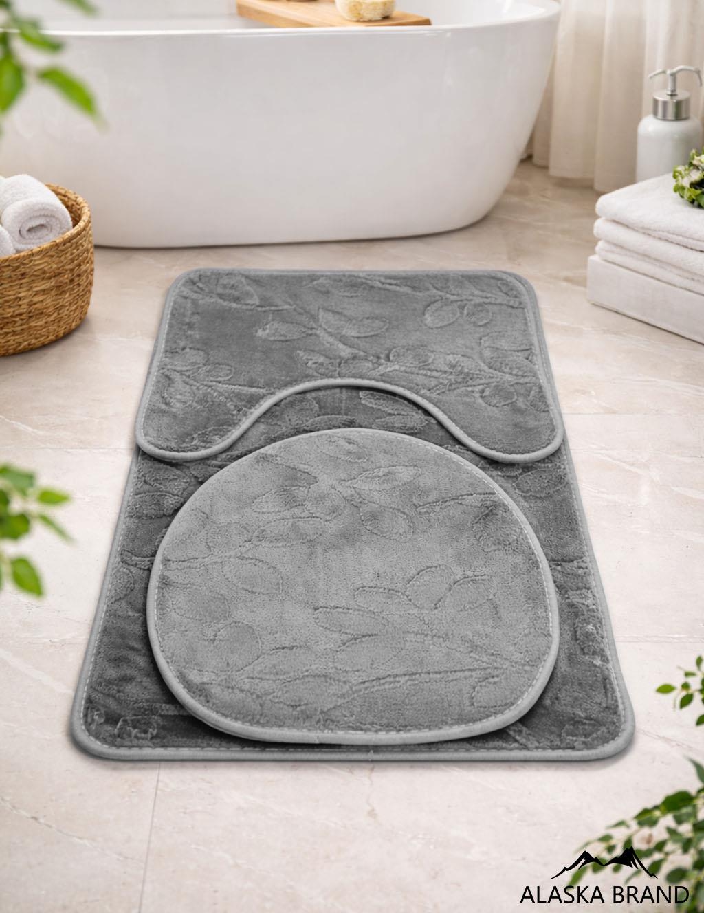סט 3 חלקים לאמבטיה – שטיח אמבטיה, שטיח צמוד אסלה וכיסוי מושב אסלה | דגם אואזיס Oasis אפור בהיר