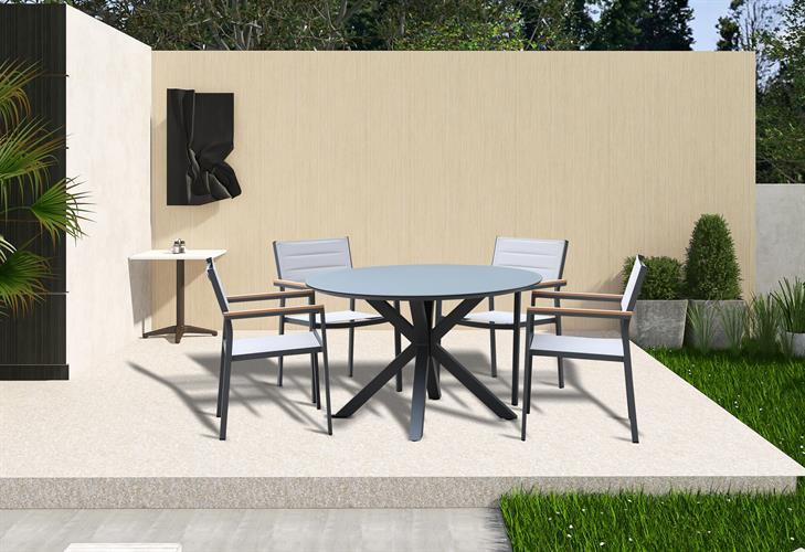 שולחן עגול קוטר 120 אלומיניום לגינה ולמרפסת + 4 כסאות דגם פרובנס צבע אפור**מבצע אחרונים מעודפים!**