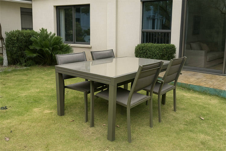 שולחן לגינה ולמרפסת נפתח אלומיניום טופ זכוכית 1.40-2.80 + 4 כסאות צבע שמפניה