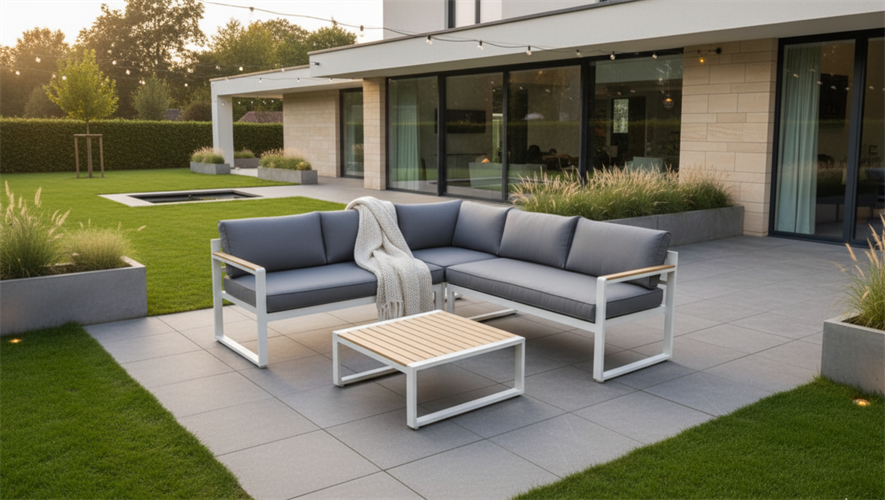 מערכת ישיבה לגינה ולמרפסת אלומיניום פינתי דגם מיאמי צבע לבן