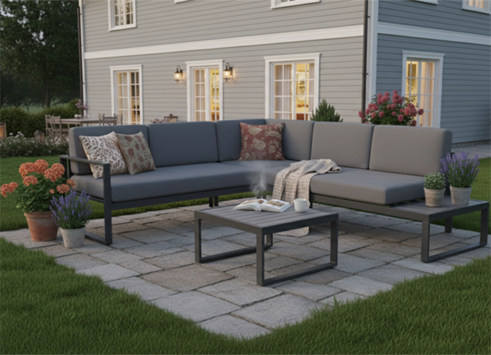 מערכת ישיבה לגינה ולמרפסת אלומיניום פינתי דגם ליאון צבע אפור