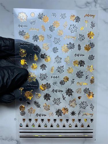 מדבקות 3D לציפורניים  עלים זהב שחור