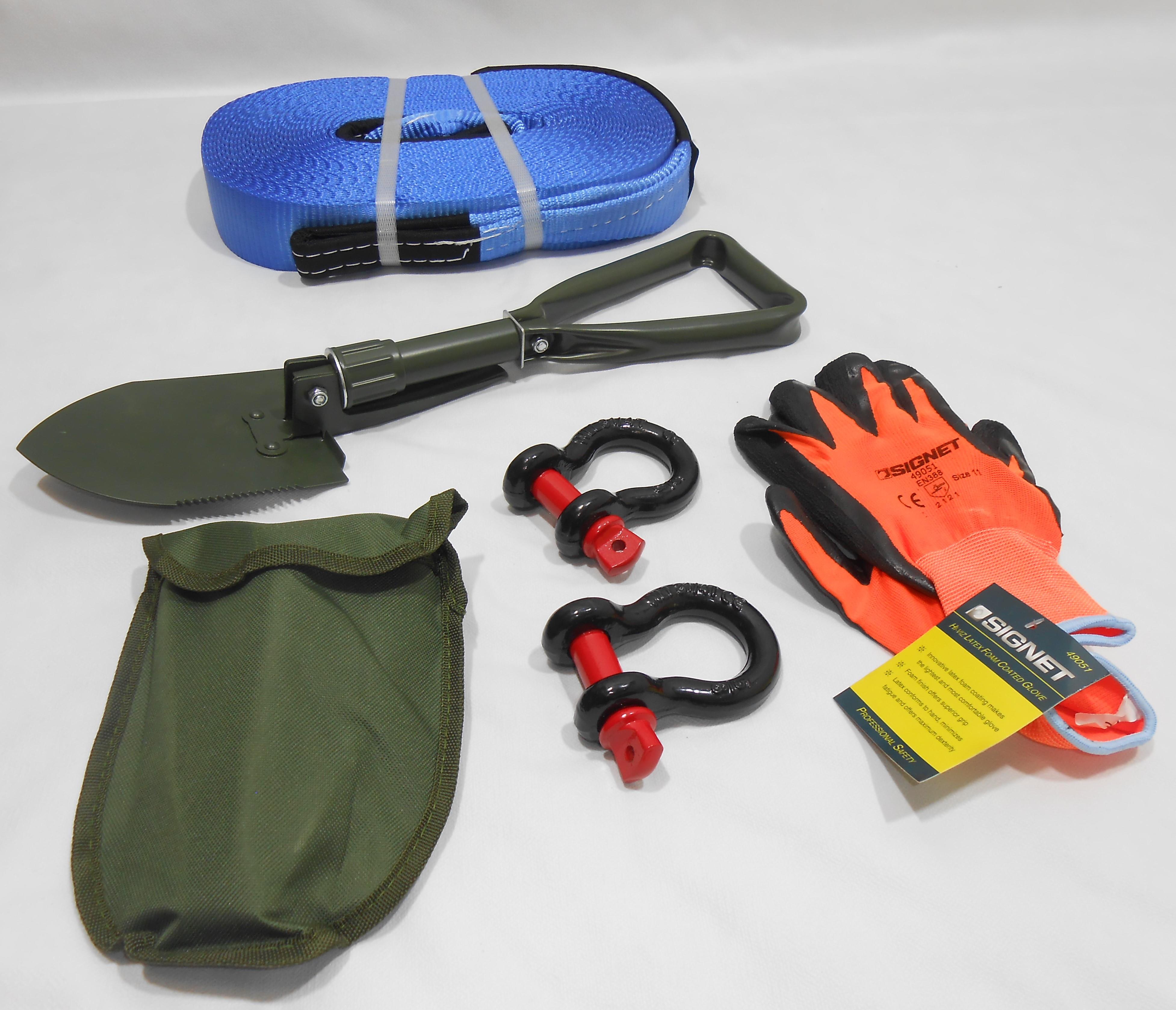 ערכת חילוץ 4X4 כוללת תיק רצועה כחולה 20 מ' 5 טון  את חפירה צבע שחור  מתקפלת שאקלים 8\5 וכפפות