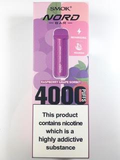 סיגריה אלקטרונית חד פעמית כ 4000 שאיפות SMOK nord bar בטעם סורבה ענבים פטל Raspberry Grape Sorbet