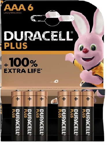 חבילה של 6 סוללות AAA של חברת דורסל לא נטענות Duracell Plus +100% extra life דגם LR03/MN2400