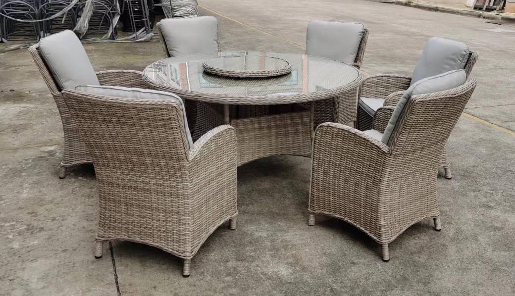 שולחן עגול ראטן + 6 כורסאות צבע אפור