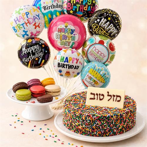 מסיבת יום הולדת – עוגה, מקרונים וזר בלונים 🎈