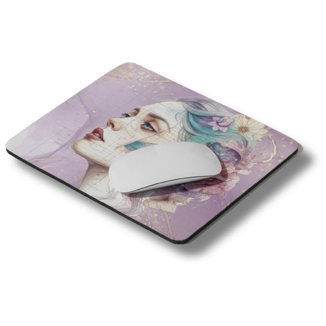 פד לעכבר מעוצב לאישה עם איור נשי בגווני סגול וזהב בסגנון סקיצה אמנותית מקולקציית Blueprint. פד לעכבר מעוצב לאישה עם איור נשי בגווני סגול וזהב בסגנון סקיצה אמנותית מקולקציית Blueprint.